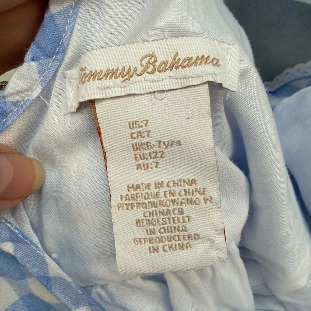 Tommy Bahama Girls Blue Gingham Dress Ruffle Bow Garden Party Picnic Size 7